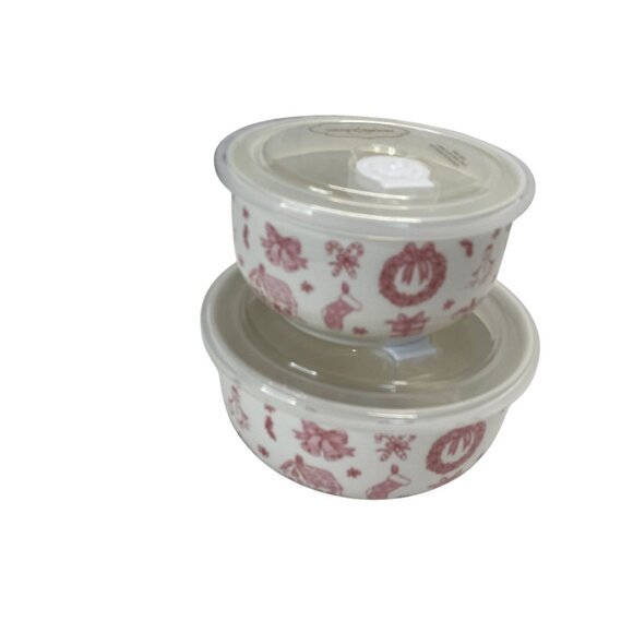 Grace Teaware Ceramic Bowl Set w/ Lids Holiday Themed Design Red Toile - Picture 6 of 6